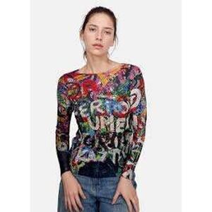 Free For Humanity Graffiti Knit Women Top Multi Color Artistic‎  Size 8 Italy
